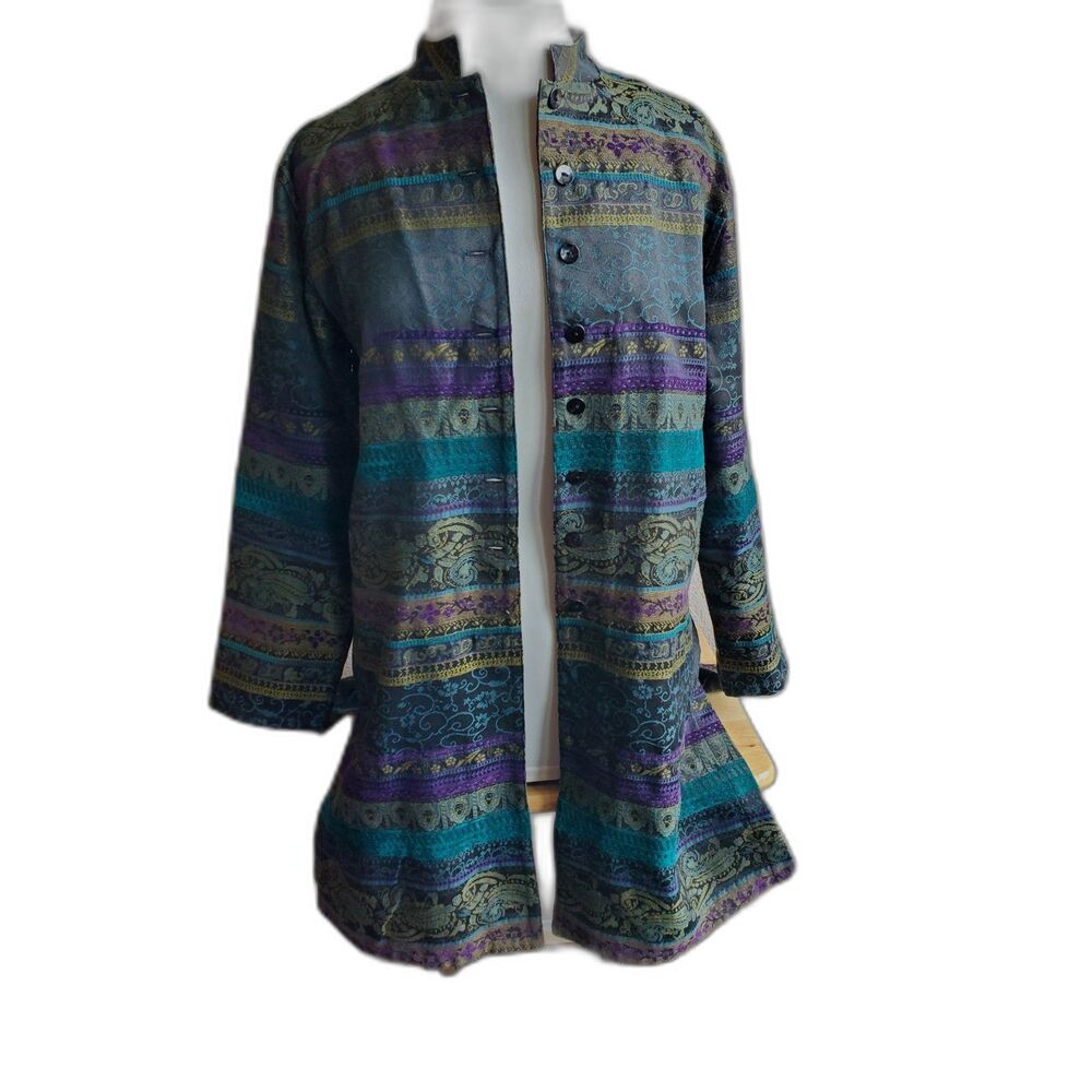 Chico's 1 Jacket Tapestry Paisley Floral Print Artsy Boho Longer Length 8